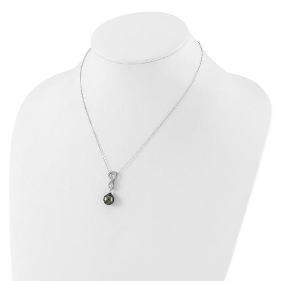 Sterling Silver Rhodium-plated 9-10mm Black Teardrop Tahitian Saltwater Cultured Pearl and CZ Infinity 16.75 inch Necklace and Post Dangle Earrings Set