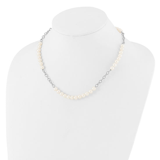 Sterling Silver Rhodium-plated 6-8mm White Near-Round Freshwater Cultured Pearl 18 inch Necklace and Post Earrings Set