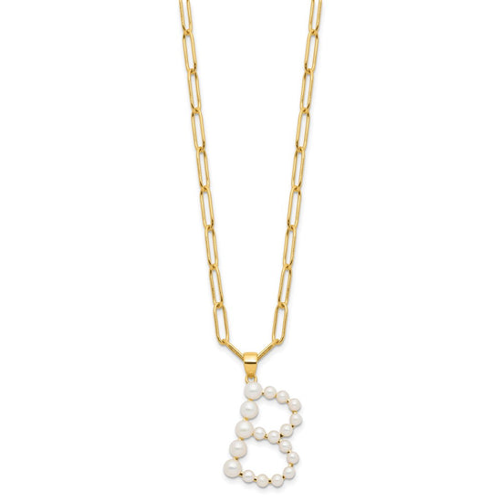 Sterling Silver Gold-plated 3-5.5mm White Button Freshwater Cultured Pearl LETTER B 18 inch Necklace