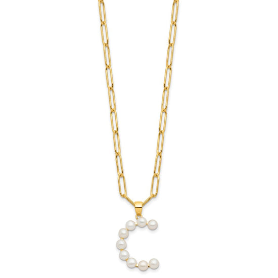 Sterling Silver Gold-plated 3-5.5mm White Button Freshwater Cultured Pearl LETTER C 18 inch Necklace