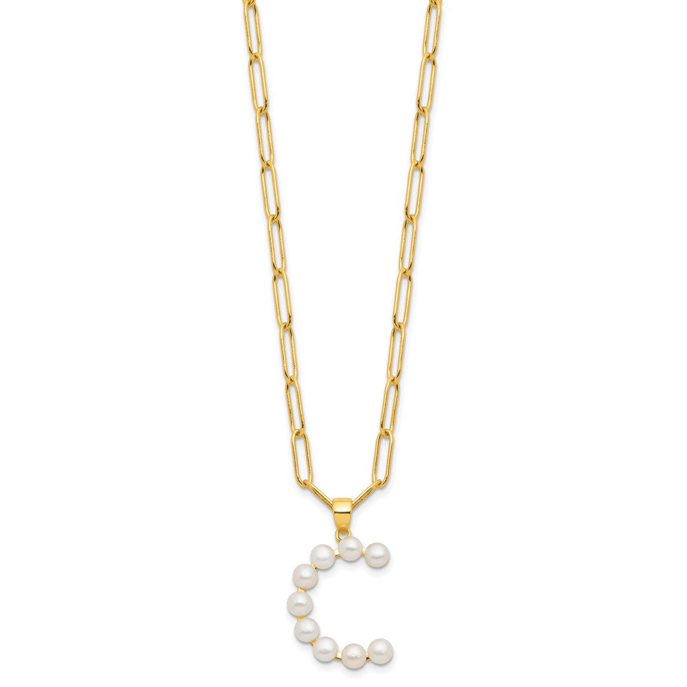 Sterling Silver Gold-plated 3-5.5mm White Button Freshwater Cultured Pearl LETTER C 18 inch Necklace