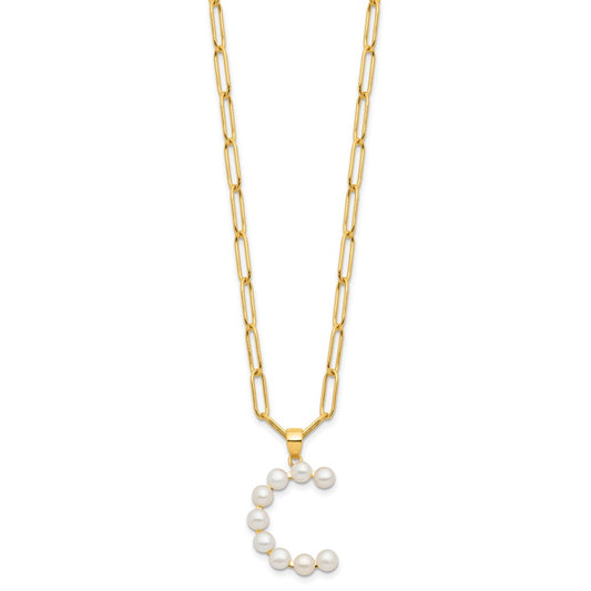 Sterling Silver Gold-plated 3-5.5mm White Button Freshwater Cultured Pearl LETTER C 18 inch Necklace
