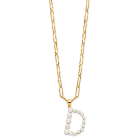 Sterling Silver Gold-plated 3-5.5mm White Button Freshwater Cultured Pearl LETTER D 18 inch Necklace