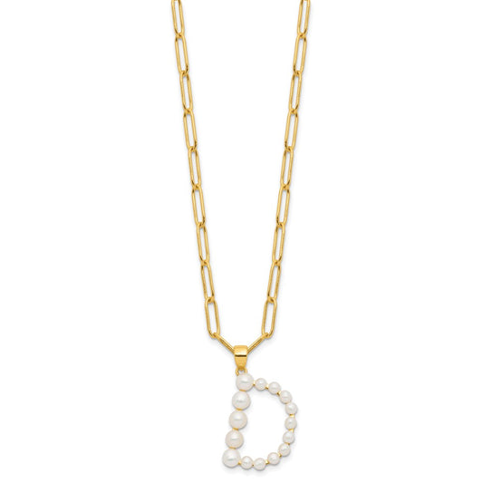 Sterling Silver Gold-plated 3-5.5mm White Button Freshwater Cultured Pearl LETTER D 18 inch Necklace