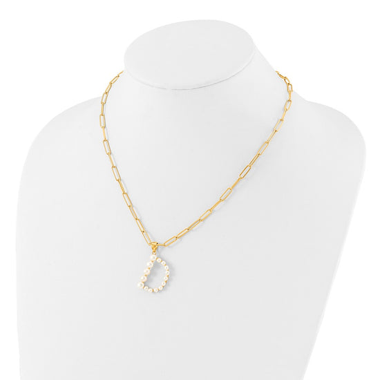 Sterling Silver Gold-plated 3-5.5mm White Button Freshwater Cultured Pearl LETTER D 18 inch Necklace
