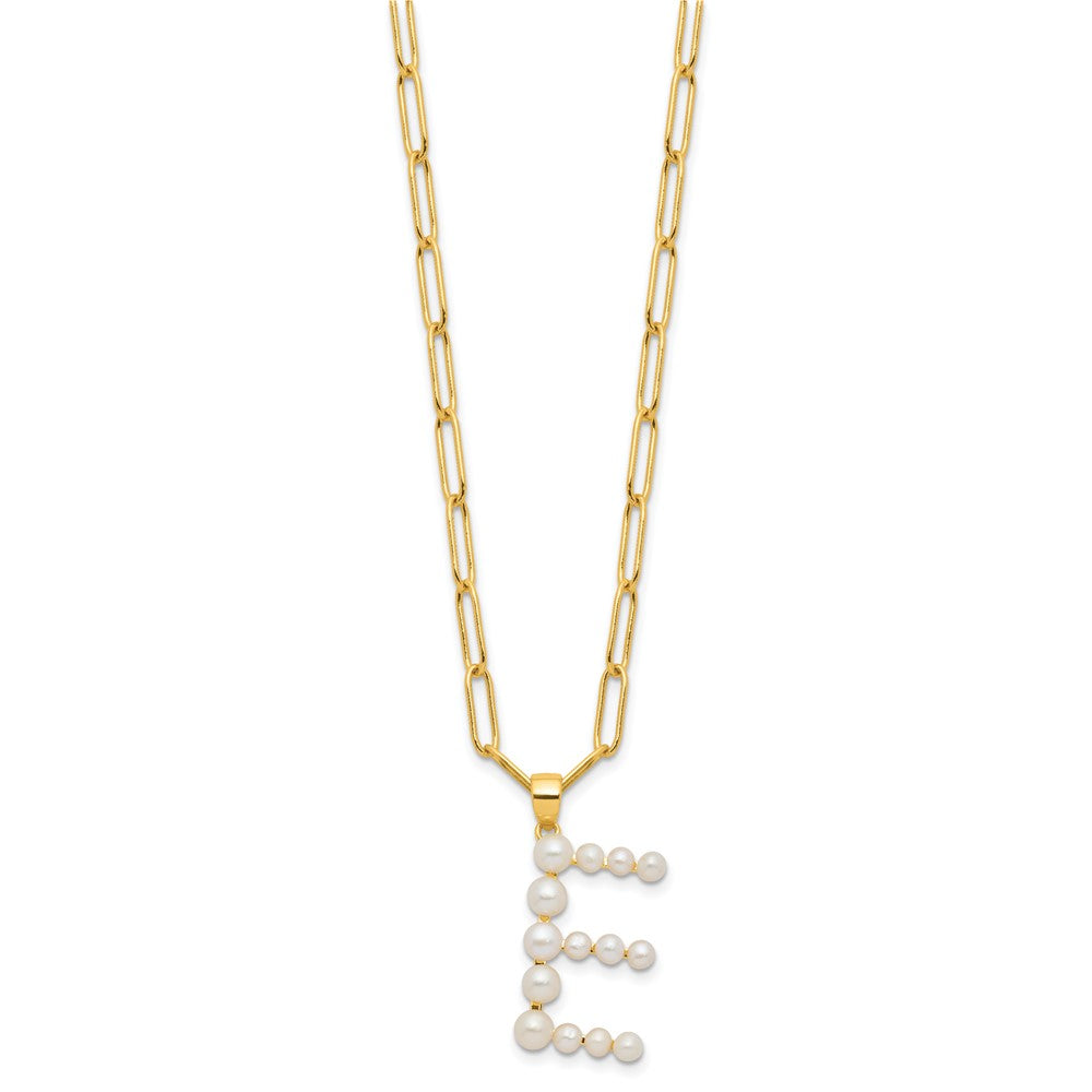 Sterling Silver Gold-plated 3-6mm White Button Freshwater Cultured Pearl LETTER E 18 inch Necklace