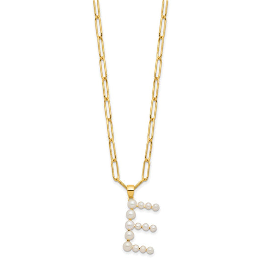 Sterling Silver Gold-plated 3-6mm White Button Freshwater Cultured Pearl LETTER E 18 inch Necklace