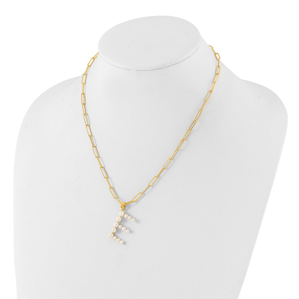 Sterling Silver Gold-plated 3-6mm White Button Freshwater Cultured Pearl LETTER E 18 inch Necklace