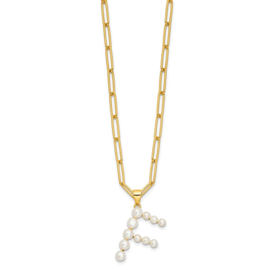 Sterling Silver Gold-plated 3-5.5mm White Button Freshwater Cultured Pearl LETTER F 18 inch Necklace