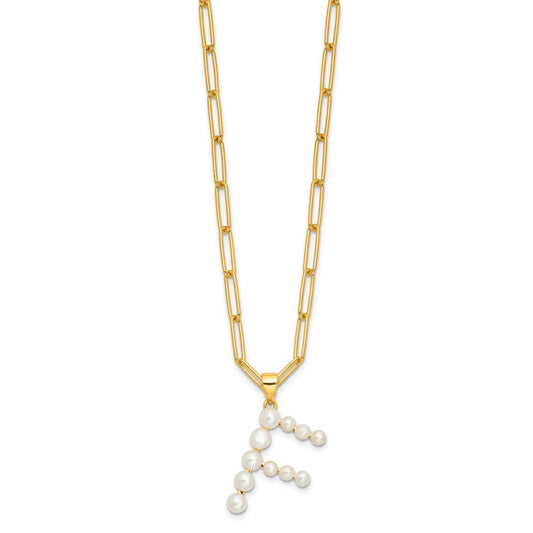Sterling Silver Gold-plated 3-5.5mm White Button Freshwater Cultured Pearl LETTER F 18 inch Necklace
