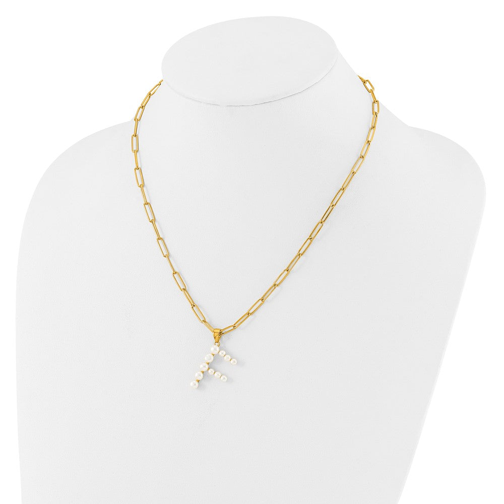 Sterling Silver Gold-plated 3-5.5mm White Button Freshwater Cultured Pearl LETTER F 18 inch Necklace