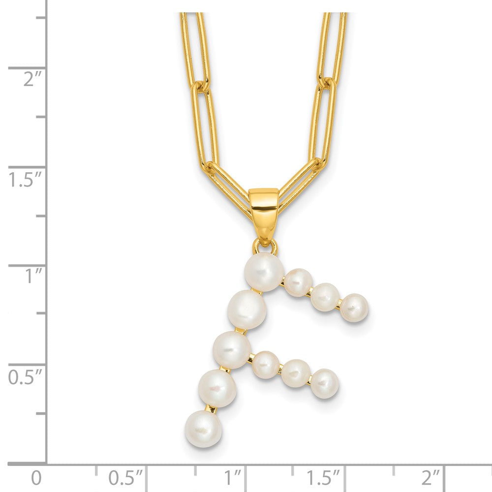 Sterling Silver Gold-plated 3-5.5mm White Button Freshwater Cultured Pearl LETTER F 18 inch Necklace