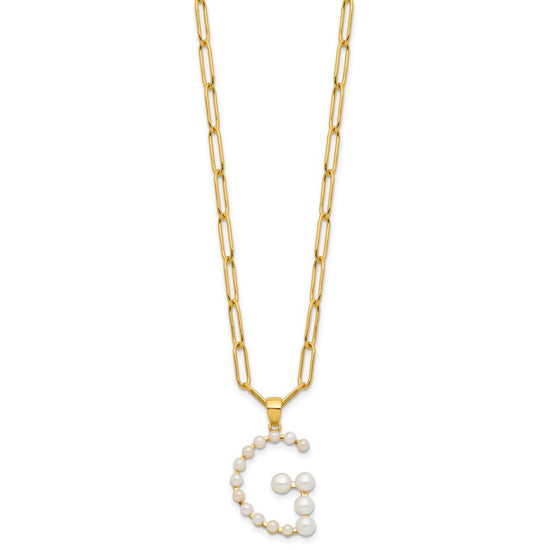 Sterling Silver Gold-plated 3-5.5mm White Button Freshwater Cultured Pearl LETTER G 18 inch Necklace