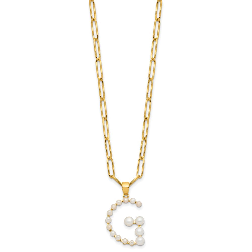Sterling Silver Gold-plated 3-5.5mm White Button Freshwater Cultured Pearl LETTER G 18 inch Necklace