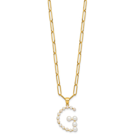 Sterling Silver Gold-plated 3-5.5mm White Button Freshwater Cultured Pearl LETTER G 18 inch Necklace