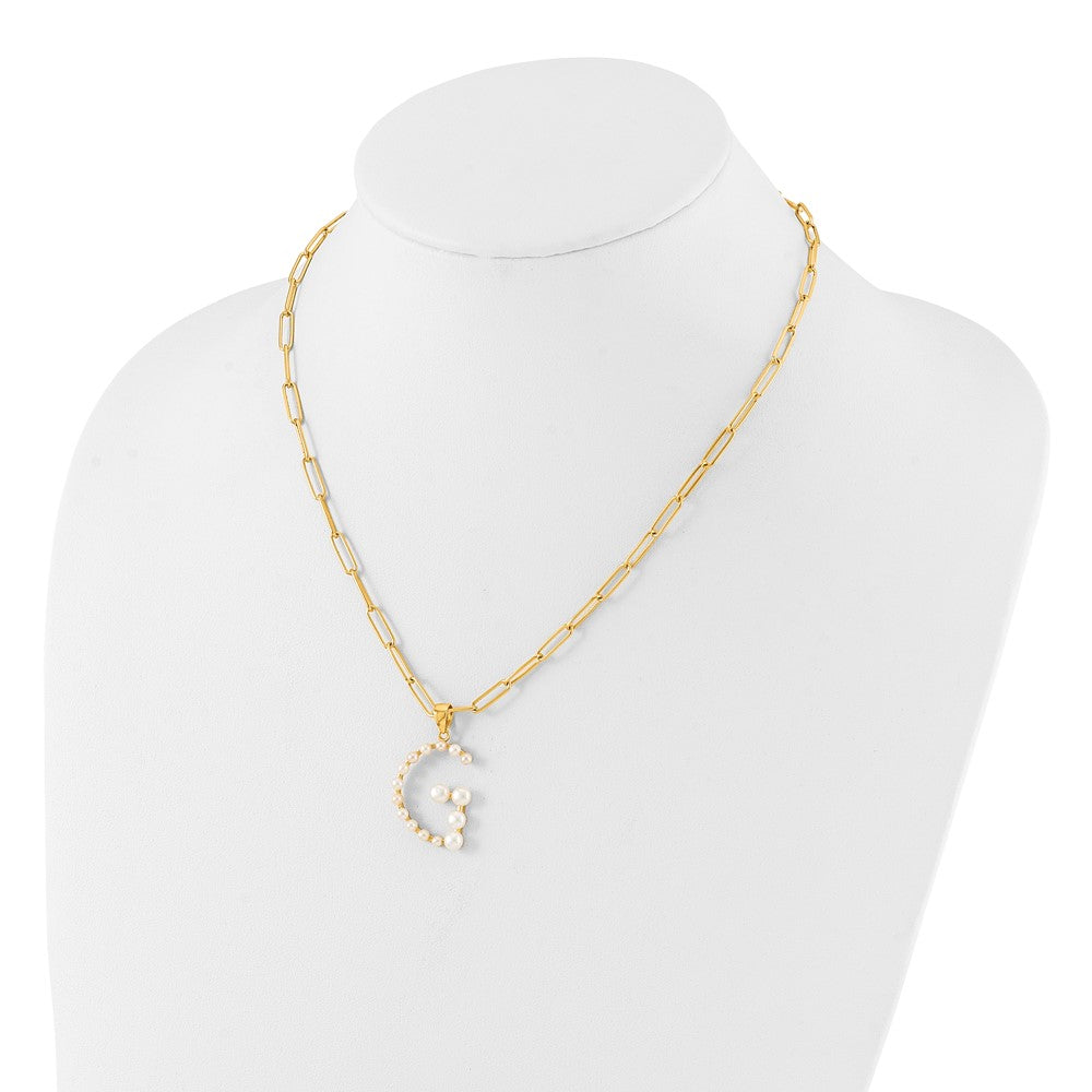 Sterling Silver Gold-plated 3-5.5mm White Button Freshwater Cultured Pearl LETTER G 18 inch Necklace