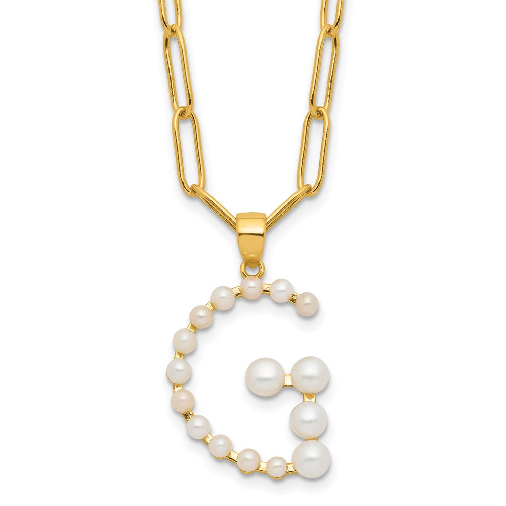 Sterling Silver Gold-plated 3-5.5mm White Button Freshwater Cultured Pearl LETTER G 18 inch Necklace
