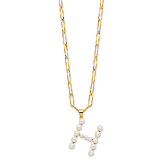 Sterling Silver Gold-plated 3-5.5mm White Button Freshwater Cultured Pearl LETTER H 18 inch Necklace
