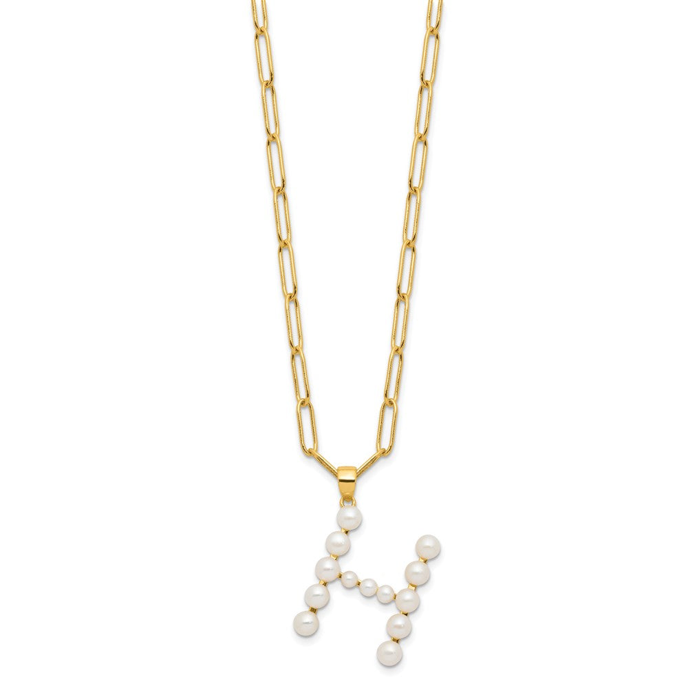 Sterling Silver Gold-plated 3-5.5mm White Button Freshwater Cultured Pearl LETTER H 18 inch Necklace