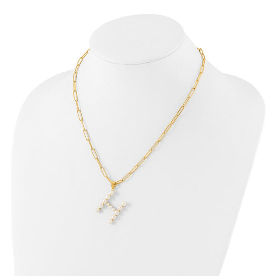 Sterling Silver Gold-plated 3-5.5mm White Button Freshwater Cultured Pearl LETTER H 18 inch Necklace