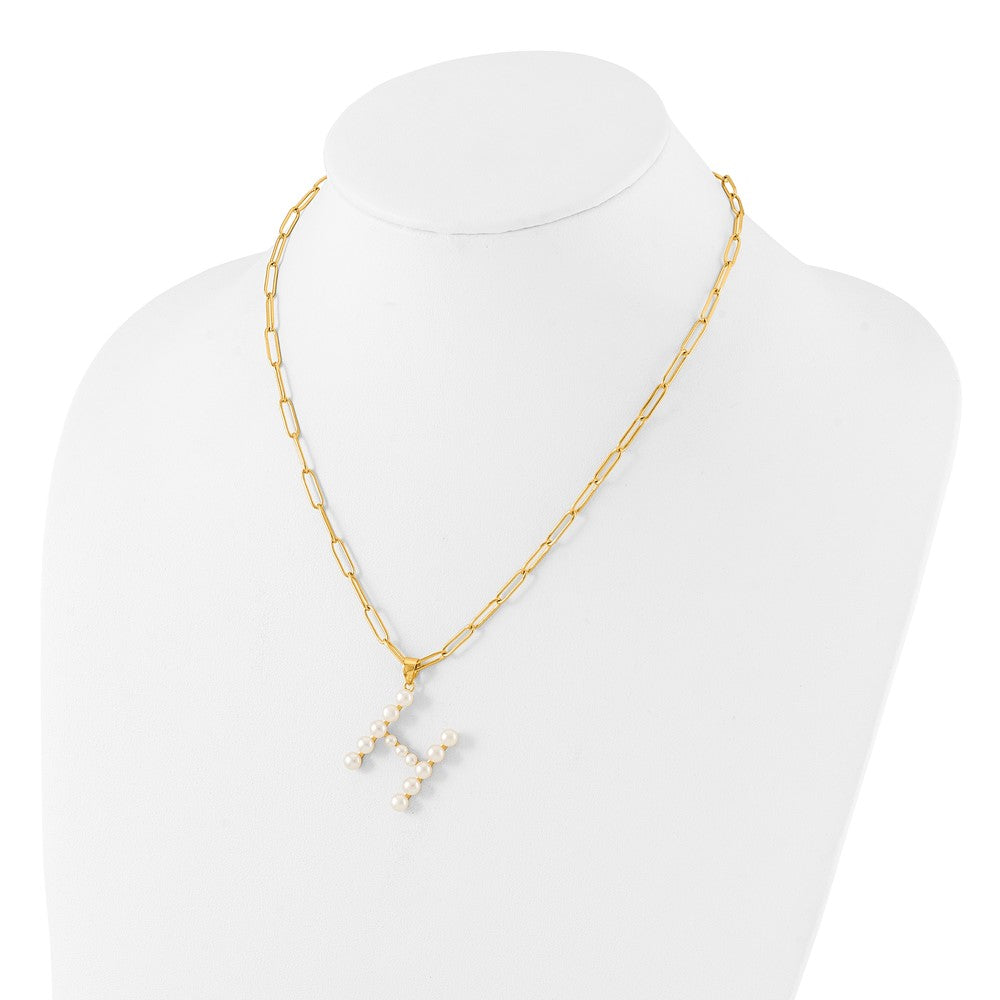 Sterling Silver Gold-plated 3-5.5mm White Button Freshwater Cultured Pearl LETTER H 18 inch Necklace