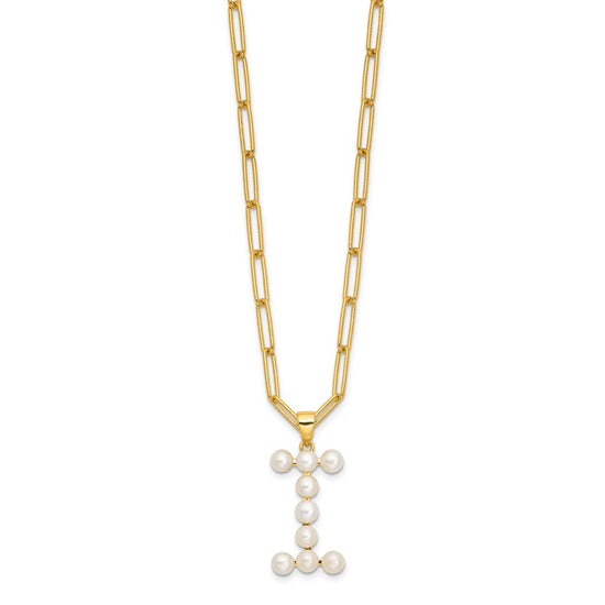 Sterling Silver Gold-plated 3-5.5mm White Button Freshwater Cultured Pearl LETTER I 18 inch Necklace