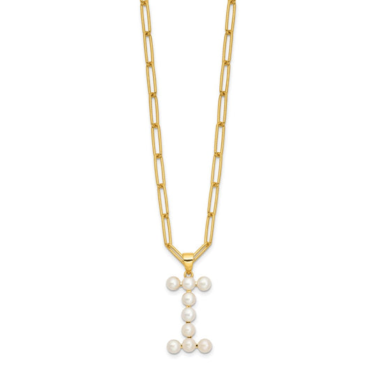 Sterling Silver Gold-plated 3-5.5mm White Button Freshwater Cultured Pearl LETTER I 18 inch Necklace
