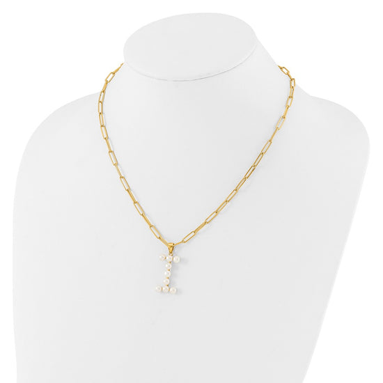 Sterling Silver Gold-plated 3-5.5mm White Button Freshwater Cultured Pearl LETTER I 18 inch Necklace