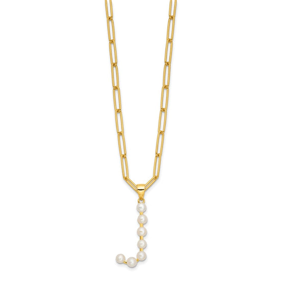 Sterling Silver Gold-plated 3-5.5mm White Button Freshwater Cultured Pearl LETTER J 18 inch Necklace