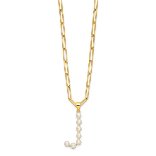 Sterling Silver Gold-plated 3-5.5mm White Button Freshwater Cultured Pearl LETTER J 18 inch Necklace