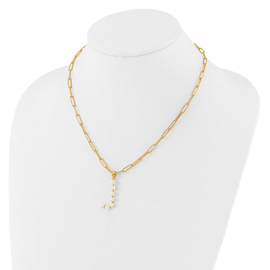 Sterling Silver Gold-plated 3-5.5mm White Button Freshwater Cultured Pearl LETTER J 18 inch Necklace