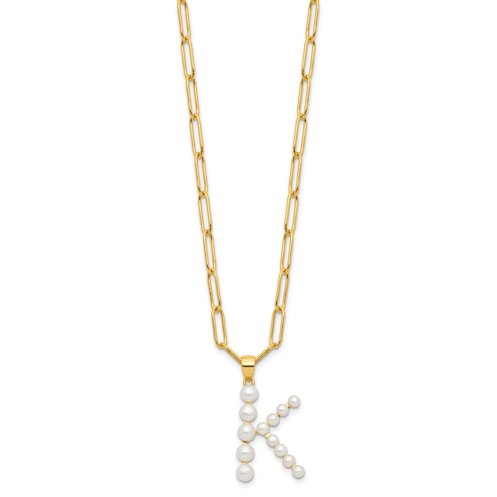 Sterling Silver Gold-plated 3-5.5mm White Button Freshwater Cultured Pearl LETTER K 18 inch Necklace