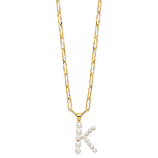 Sterling Silver Gold-plated 3-5.5mm White Button Freshwater Cultured Pearl LETTER K 18 inch Necklace