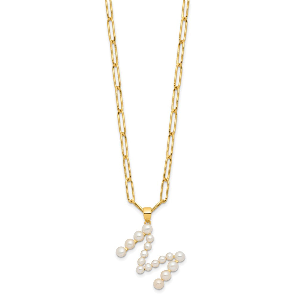 Sterling Silver Gold-plated 3-5.5mm White Button Freshwater Cultured Pearl LETTER M 18 inch Necklace