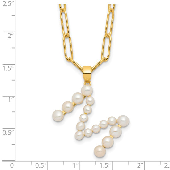 Sterling Silver Gold-plated 3-5.5mm White Button Freshwater Cultured Pearl LETTER M 18 inch Necklace