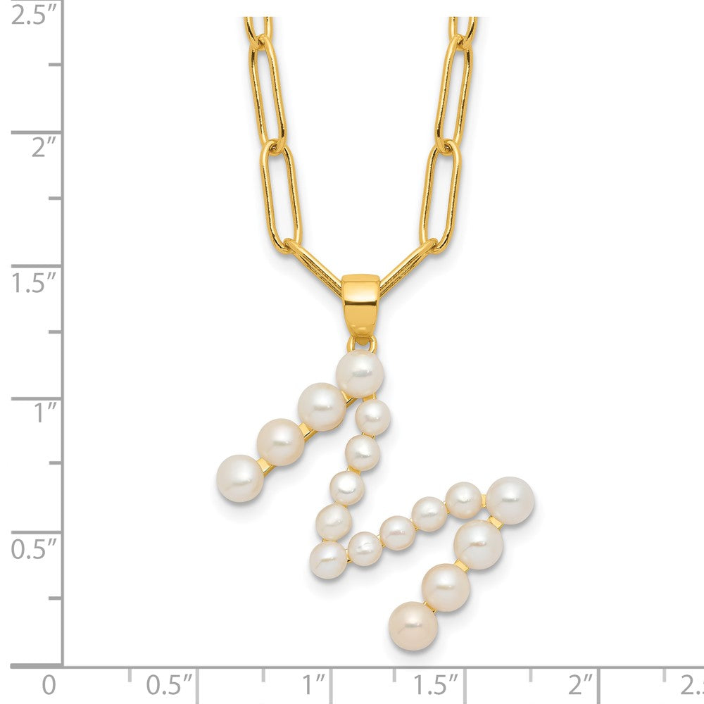 Sterling Silver Gold-plated 3-5.5mm White Button Freshwater Cultured Pearl LETTER M 18 inch Necklace