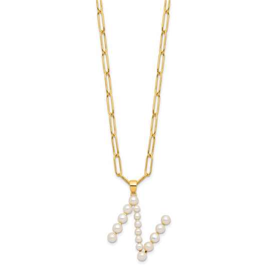 Sterling Silver Gold-plated 3-5.5mm White Button Freshwater Cultured Pearl LETTER N 18 inch Necklace