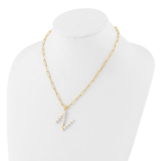 Sterling Silver Gold-plated 3-5.5mm White Button Freshwater Cultured Pearl LETTER N 18 inch Necklace