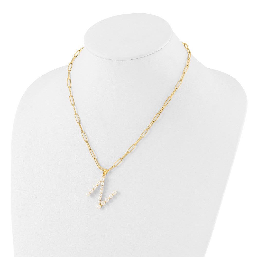 Sterling Silver Gold-plated 3-5.5mm White Button Freshwater Cultured Pearl LETTER N 18 inch Necklace