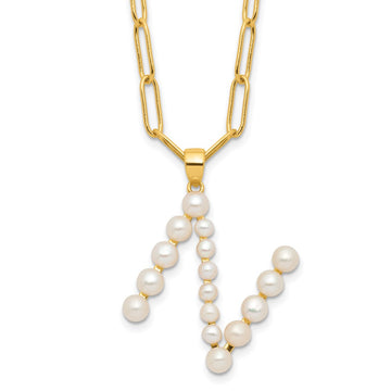 Sterling Silver Gold-plated 3-5.5mm White Button Freshwater Cultured Pearl LETTER N 18 inch Necklace