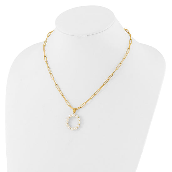 Sterling Silver Gold-plated 3-5.5mm White Button Freshwater Cultured Pearl LETTER O 18 inch Necklace