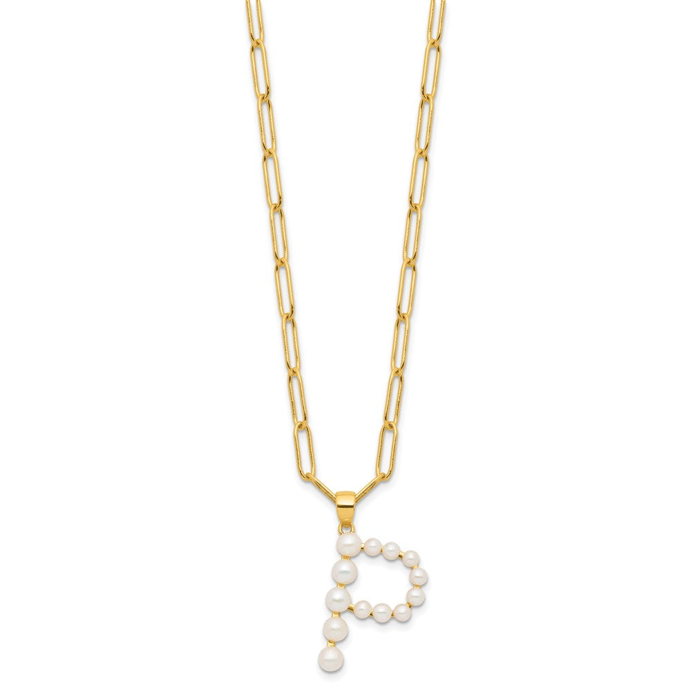 Sterling Silver Gold-plated 3-5.5mm White Button Freshwater Cultured Pearl LETTER P 18 inch Necklace