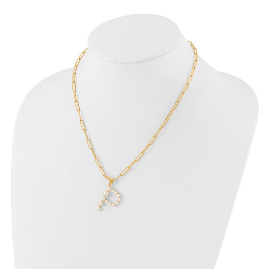 Sterling Silver Gold-plated 3-5.5mm White Button Freshwater Cultured Pearl LETTER P 18 inch Necklace