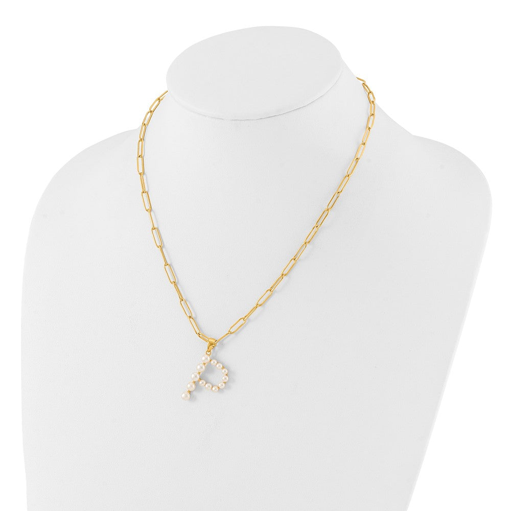 Sterling Silver Gold-plated 3-5.5mm White Button Freshwater Cultured Pearl LETTER P 18 inch Necklace