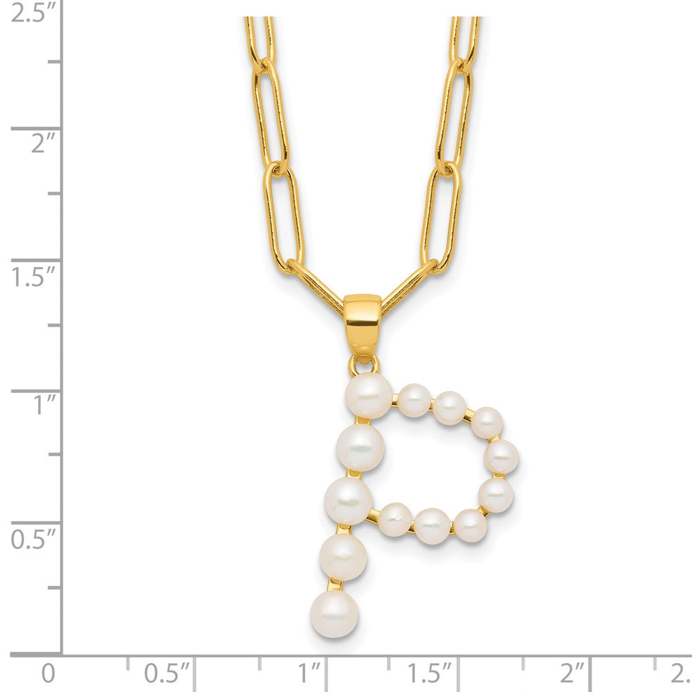 Sterling Silver Gold-plated 3-5.5mm White Button Freshwater Cultured Pearl LETTER P 18 inch Necklace