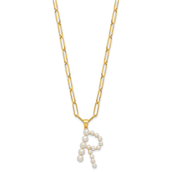 Sterling Silver Gold-plated 3-5.5mm White Button Freshwater Cultured Pearl LETTER R 18 inch Necklace