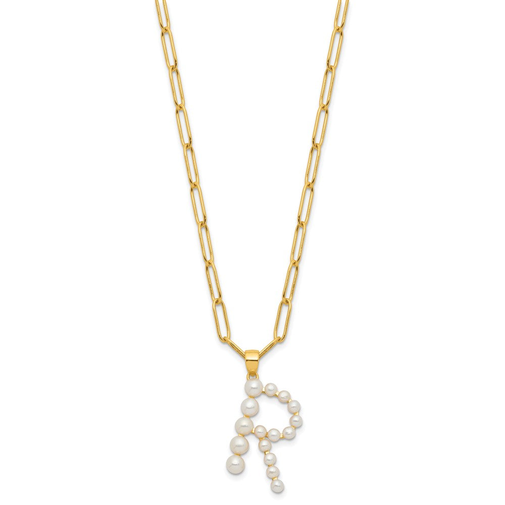 Sterling Silver Gold-plated 3-5.5mm White Button Freshwater Cultured Pearl LETTER R 18 inch Necklace