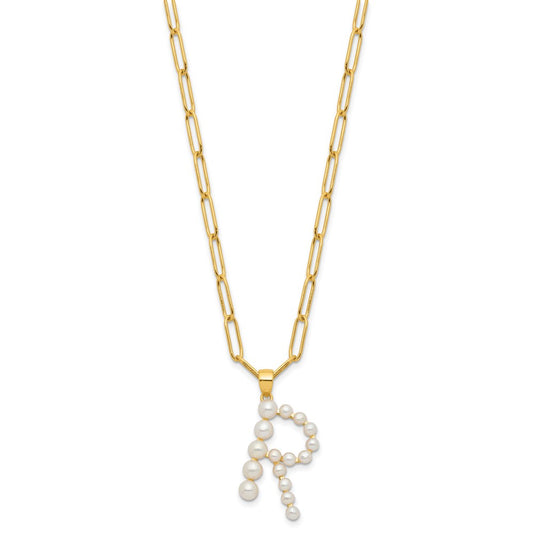 Sterling Silver Gold-plated 3-5.5mm White Button Freshwater Cultured Pearl LETTER R 18 inch Necklace