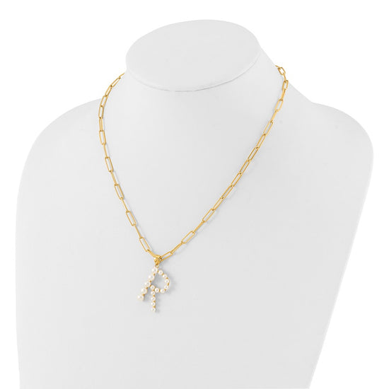 Sterling Silver Gold-plated 3-5.5mm White Button Freshwater Cultured Pearl LETTER R 18 inch Necklace