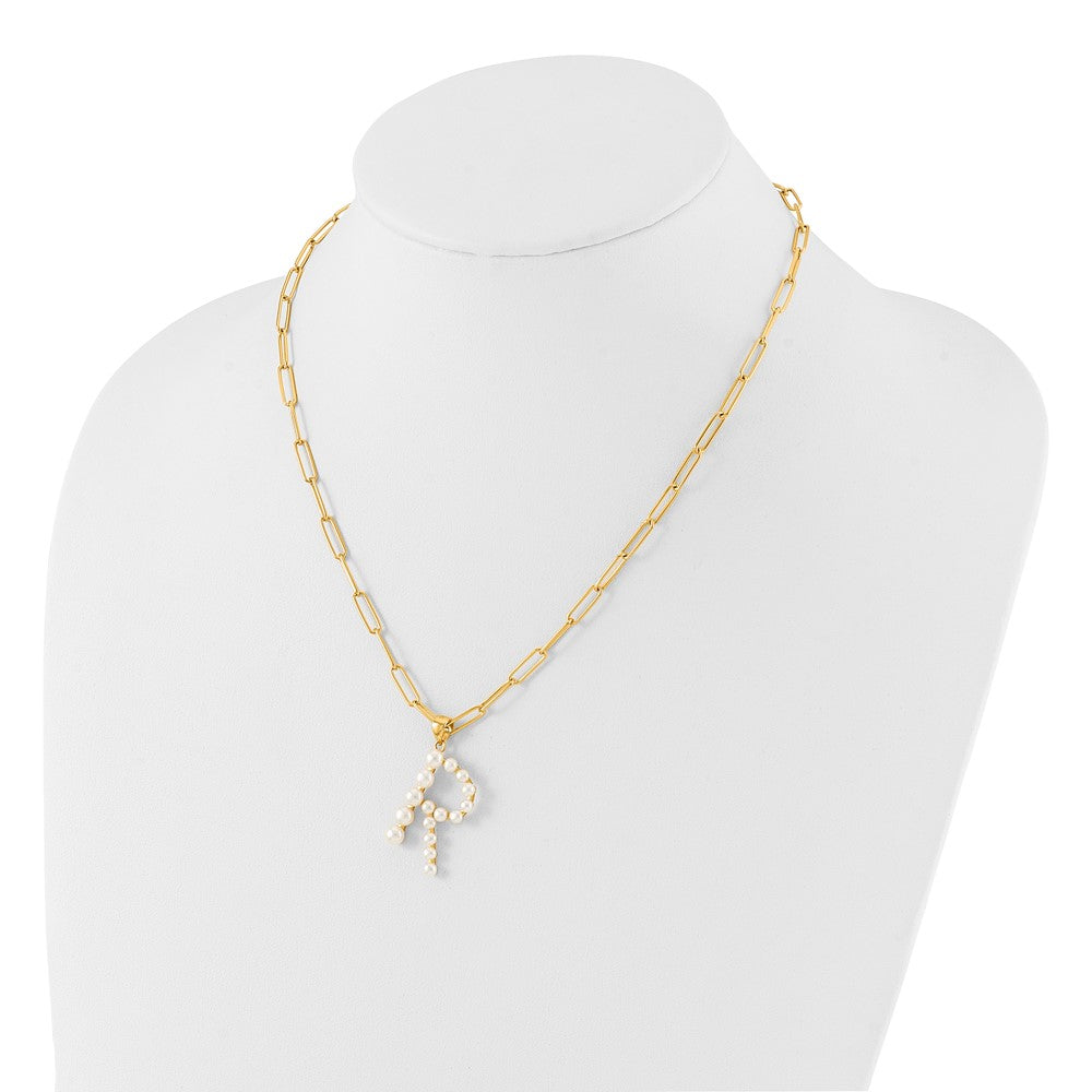 Sterling Silver Gold-plated 3-5.5mm White Button Freshwater Cultured Pearl LETTER R 18 inch Necklace